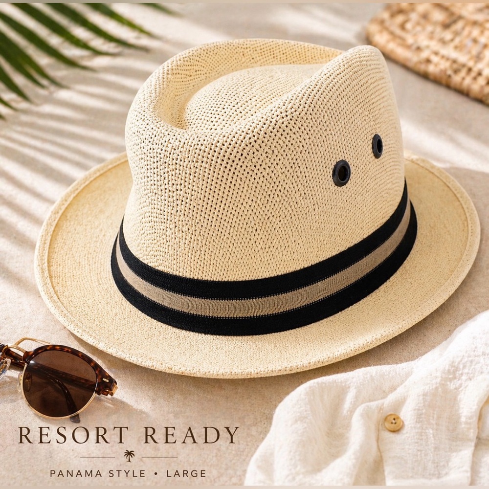 Panama Style Straw Hat • Resort Summer Fedora • Size Large